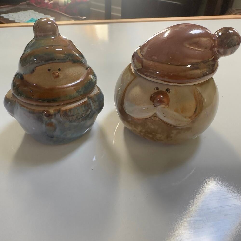 Set of 2 Christmas Snowman Santa Folk Art Stoneware Pottery Jar or Trinket Box - Picture 2 of 15